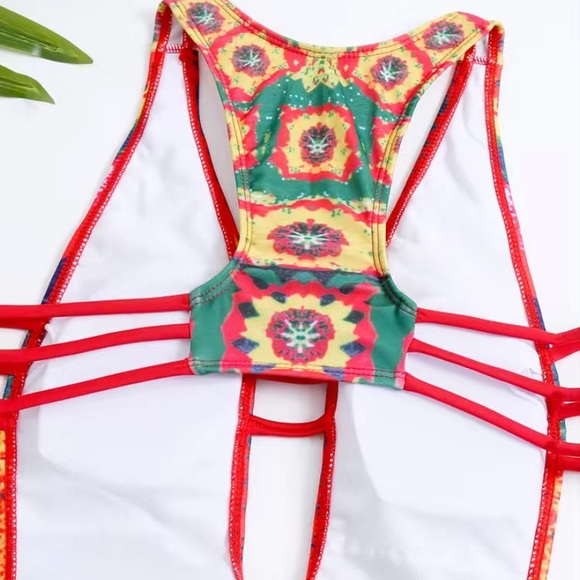 MColorful Ladder Straps & Side High Cut Deep V Open Back One Piece Swimsuit - Picture 5 of 7